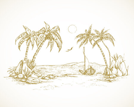 Hand Drawn Tropical Island Landscape Vector Illustration. Sea view with Palm trees and Boat. Sketch. Beach resort Doodle Isolated