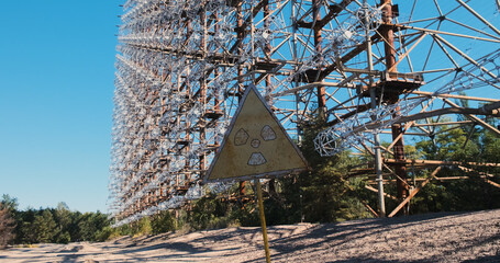 Chernobyl, radiation sign near the military radar Dug. Giant antenna of the cold war of the USSR....