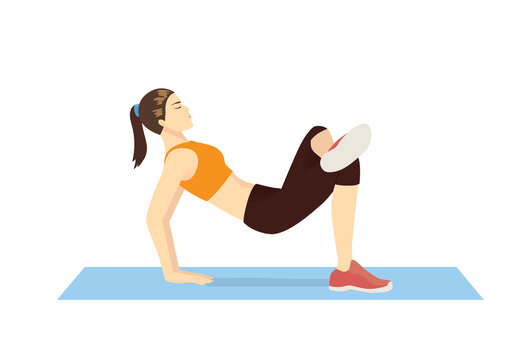 Women do Glute Stretches for tailbone stong with bridge pose and cross legs on the exercise mat. Illustration about workout diagram for strong at the hip, back, leg, and Pelvic.