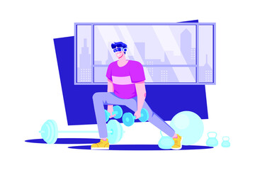 Man exercising in the metaverse Illustration concept. Flat illustration isolated on white background.