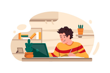 Boy learning from home Illustration concept. Flat illustration isolated on white background.