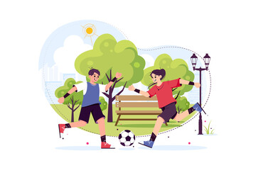 Children playing football at the park Illustration concept. Flat illustration isolated on white background.