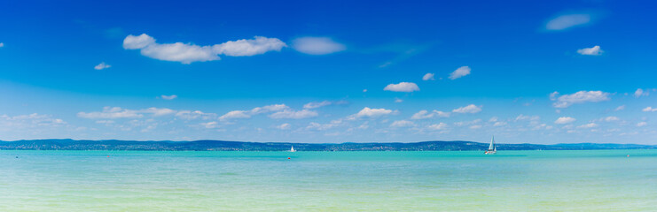 Hungary, Lake Balaton with turquoise water, panoramic shot
