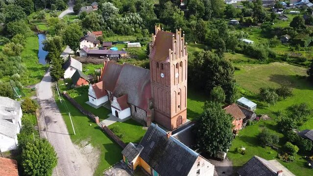 An old German church in the Gothic style in the suburbs of Kaliningrad, the Church of St. Anna, aerial view