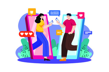 Girl and boy chatting on the app Illustration concept. Flat illustration isolated on white background.