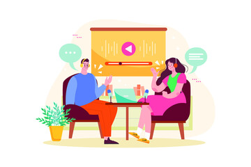 Man and woman recording a podcast conversation