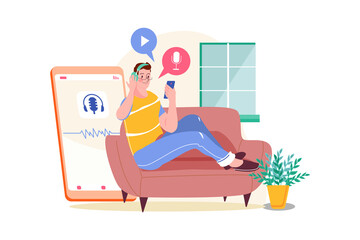 Man listening to the podcast while sitting on a couch