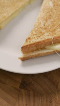 Video of freshly prepared cheese white bread sandwich on white plate