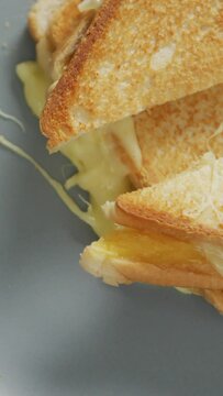 Video of overhead view of freshly prepared cheese white bread sandwich on white plate