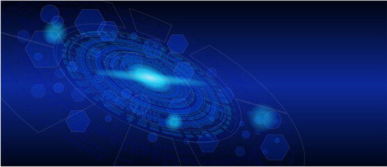 Abstract technology background with various technological elements in blue color. Technological innovation. high-tech communication concept. circular network circuit
