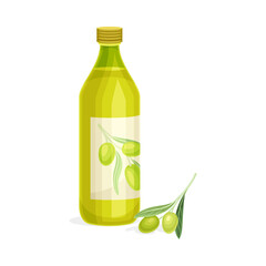 Golden Olive Oil Poured in Glass Bottle with Fruit Twig Vector Illustration