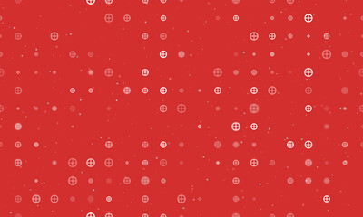 Seamless background pattern of evenly spaced white astrological earth symbols of different sizes and opacity. Vector illustration on red background with stars