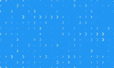 Fototapeta na wymiar Seamless background pattern of evenly spaced white moon astrological symbols of different sizes and opacity. Vector illustration on blue background with stars