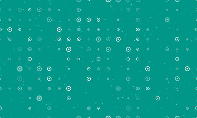 Seamless background pattern of evenly spaced white astrological sun symbols of different sizes and opacity. Vector illustration on teal background with stars