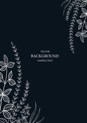 Floral vector template with leaves, plants on dark background. Natural elements. Plant print for holiday poster, greeting card, cover, banner, invitation. Botanical art. Botanical art. Minimalistic