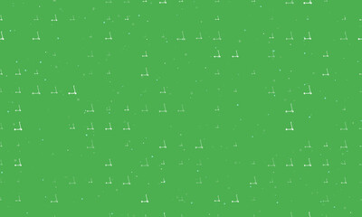 Seamless background pattern of evenly spaced white kick scooter symbols of different sizes and opacity. Vector illustration on green background with stars