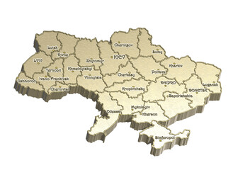 Isometric textured map of Ukraine with regional centers - 3D illustration