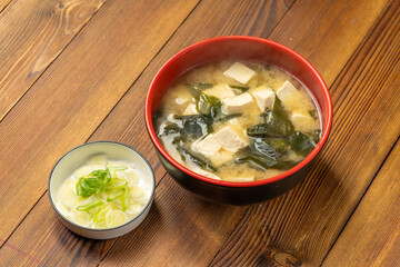 The production process of Japanese tofu and wakame miso soup