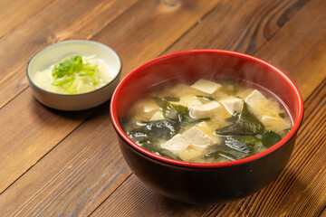 The production process of Japanese tofu and wakame miso soup