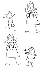 Set with doodles of different moms with her children, Vector illustration
