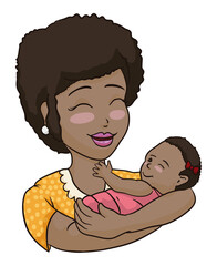 Happy dark-skinned mom carrying her newborn baby, Vector illustration