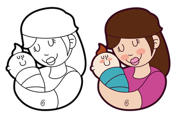 Cute sticker set with design of mom with her baby, Vector illustration
