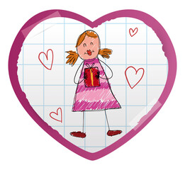 Pink heart decorated with notebook paper and cute mom doodle, Vector illustration