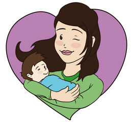 Joyful mom with her baby in arms inside heart frame, Vector illustration