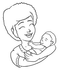 Brunette mother with afro hair embracing her baby in outlines, Vector illustration