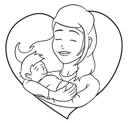 Outline drawing of mother with her baby inside a heart, Vector illustration