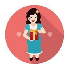 Cute pregnant mom with a gift inside a button, Vector illustration
