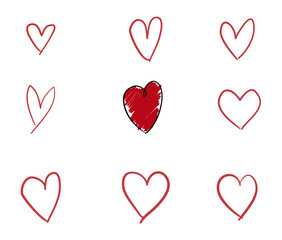 Set with different hearts and one colored in doodle style, Vector illustration