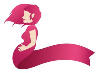 Pink ribbon template with pretty pregnant woman, Vector illustration