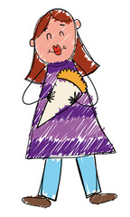 Cute woman in doodle style holding her bouquet, Vector illustration