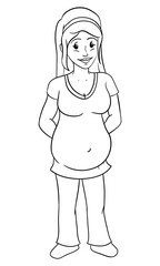 Cute pregnant woman posing in outlines to coloring, Vector illustration