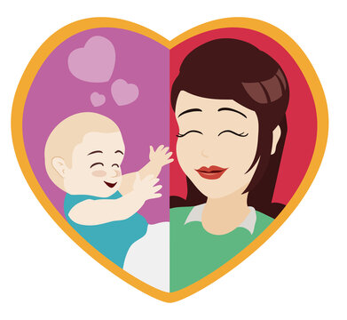 Heart-shaped frame with mom and her child in flat style, Vector illustration