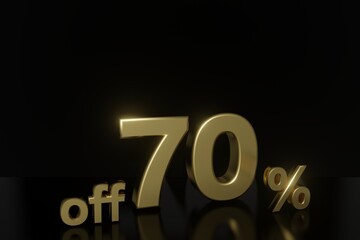 70 percent off 3D illustration in gold with black background and copy space