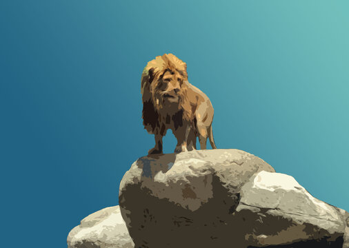 岩上に佇むライオンと青空の背景