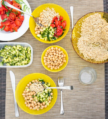 Vegan lunch on the table with fresh vegetables.