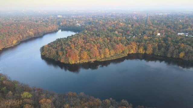 Aerial view of colorful fall trees around Krumme Lanke in Grunewald forest Berlin Germany