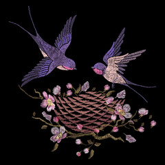 Embroidery floral seamless pattern with oriental swallow's nest and cherry blossom - 506906222
