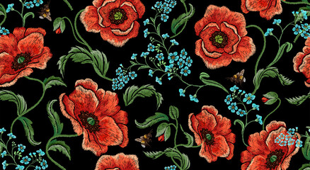 Embroidery floral seamless pattern with red poppies, forget-me-nots and bees. - 506906223