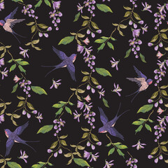 Embroidery oriental floral seamless pattern with swallows and  lilac blossom. - 506906225