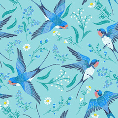 Embroidery seamless pattern with blue forget-me-not flowers, chamomile, lily of the valley and  swallows on a blue background - 506906228