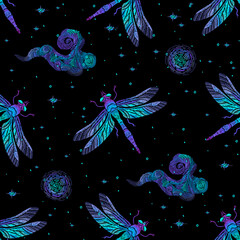 Embroidery magic seamless pattern with dragonflys and starry sky. - 506906229