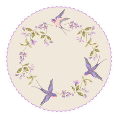 Embroidery trend floral pattern with lilac blossom and swallows. - 506906231