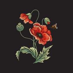 Embroidery floral pattern with poppies flowers and bee . - 506906232