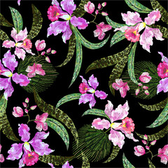 Embroidery with exotic floral pattern with tropical flowers. - 506906233