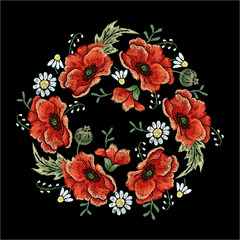 Embroidery  floral pattern with red poppies, camomiles and lilies of the valley. - 506906234