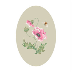 Embroidery satin stitch floral pattern with poppies flowers and bee. - 506906235
